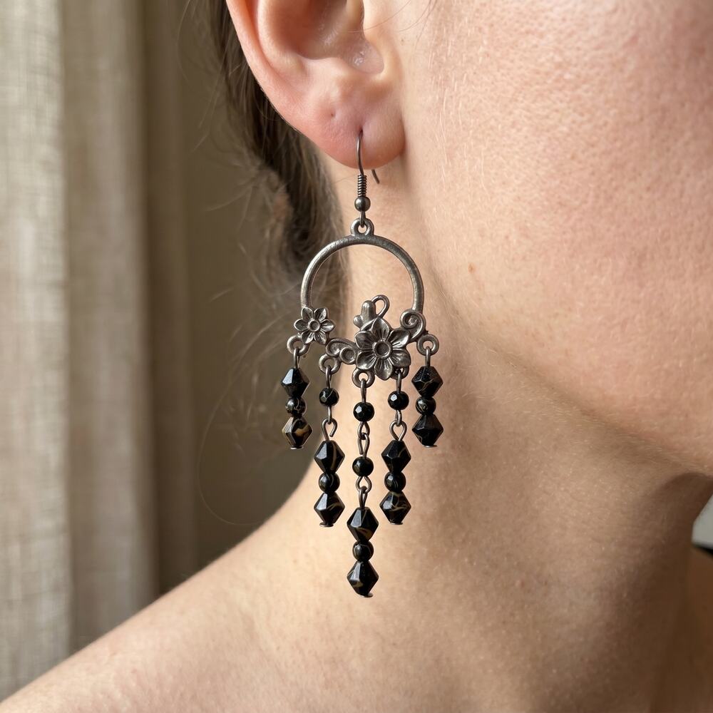 3/$25 - Black Floral Chandelier Earrings Silver Tone Dangle